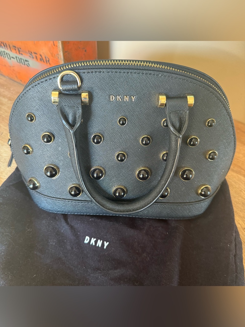 DKNY Black Leather Studded Satchel with Gold Hardware